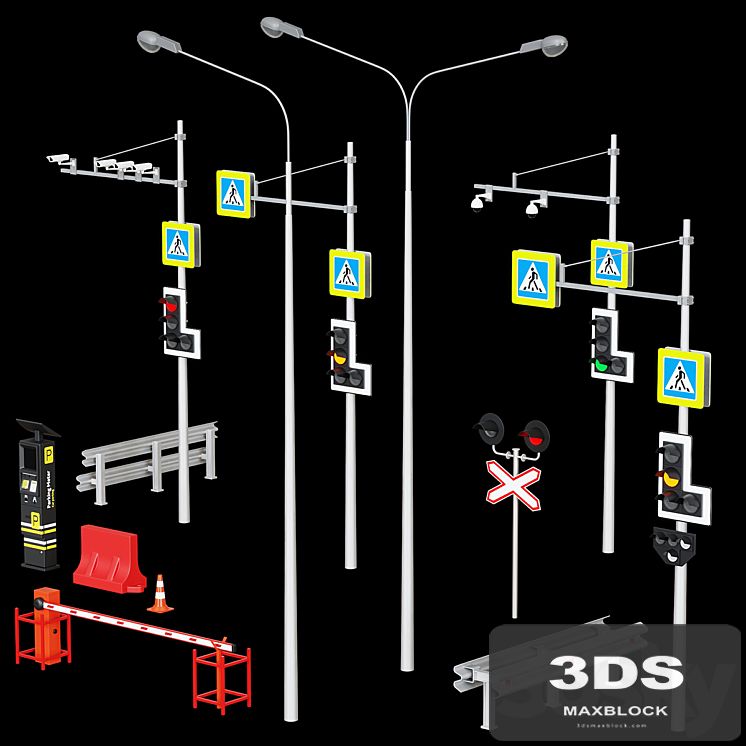 Road elements. Fences, traffic lights, cameras, parking meters.