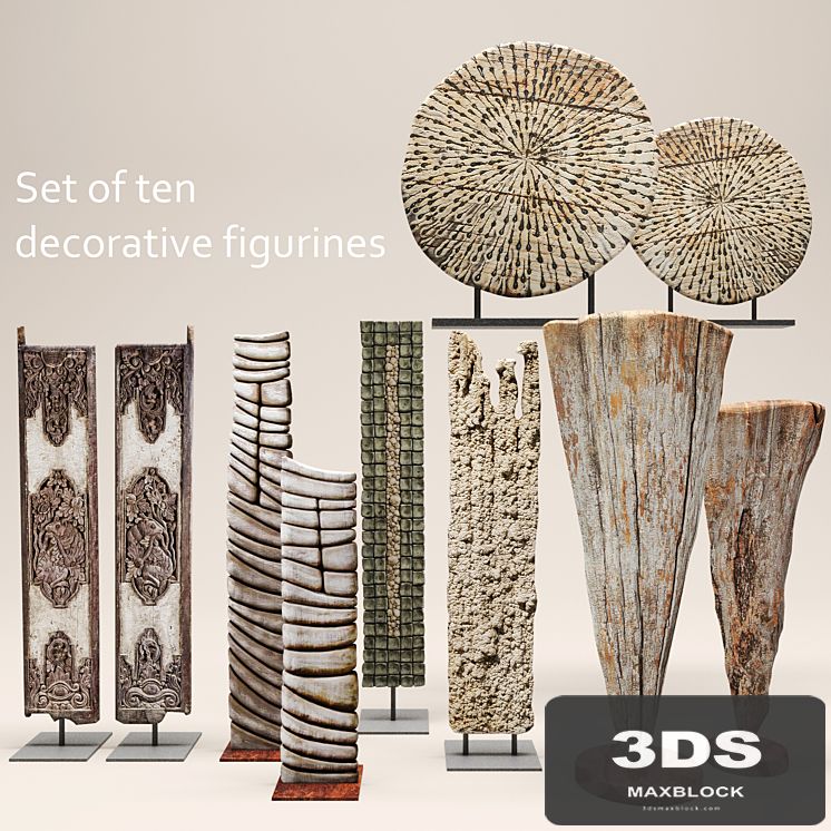 Set of ten decorative figurines, wooden decor, eco style, eco design, carving, cut, figurine
