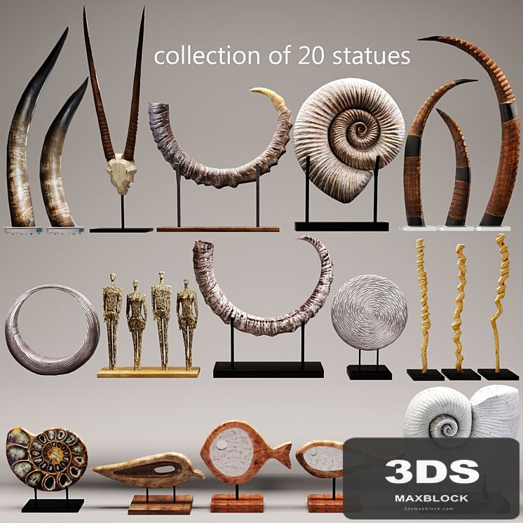 collection of 20 statues, figurine, wooden, eco design, set, collection, decor, mega set, ammonite, shell, fossil, figurine, decor, tusk, horn