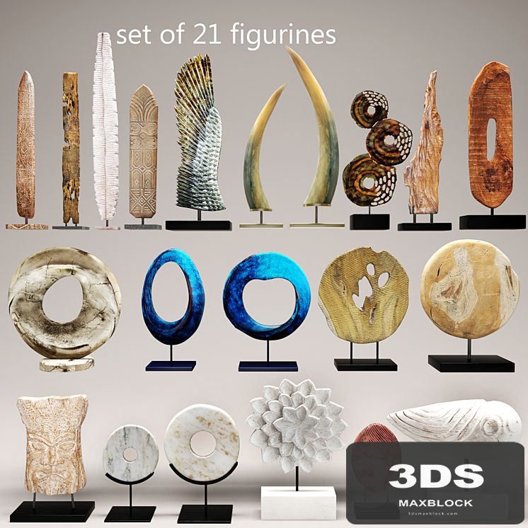 collection of 21 statues, figurine, wooden, eco design, set, collection, decor, tusk, wing, mega set