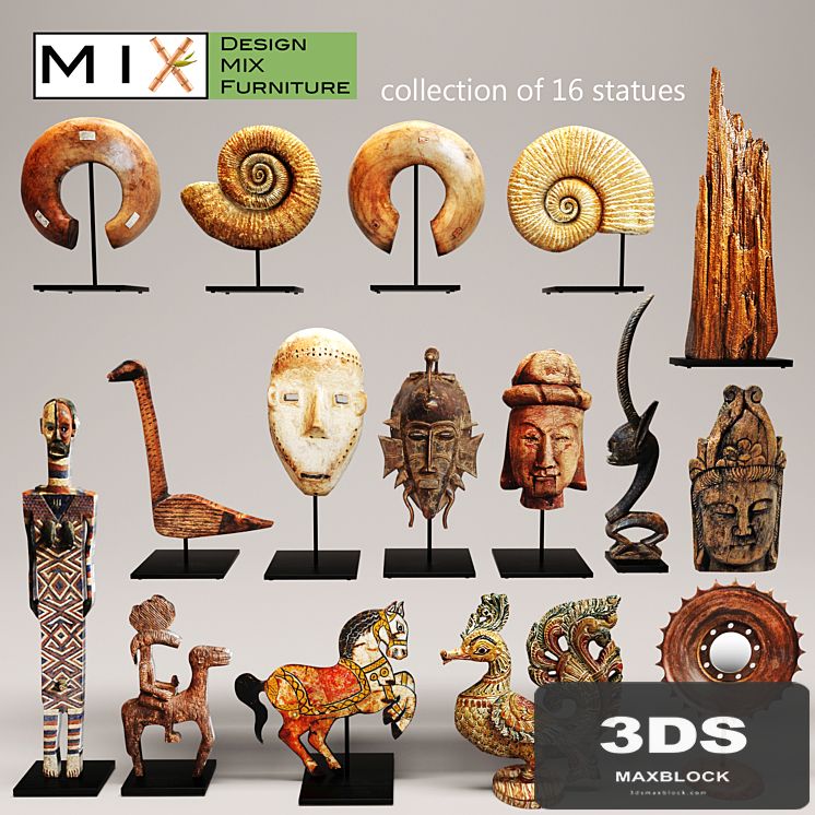 Design Mix Furniture. Collection of 16 pieces, figurine, wooden, eco design, set, collection, decor, mega set, ammonite, shell, fossil, figurine, decor, mask