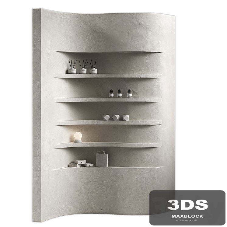 Wavy shelves 3. Rack shelving with decor. Corner wall partitions with niche.
