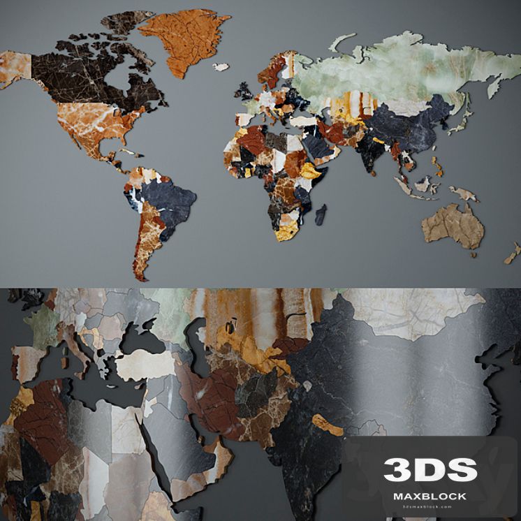 World map. CNC cutting of marble.