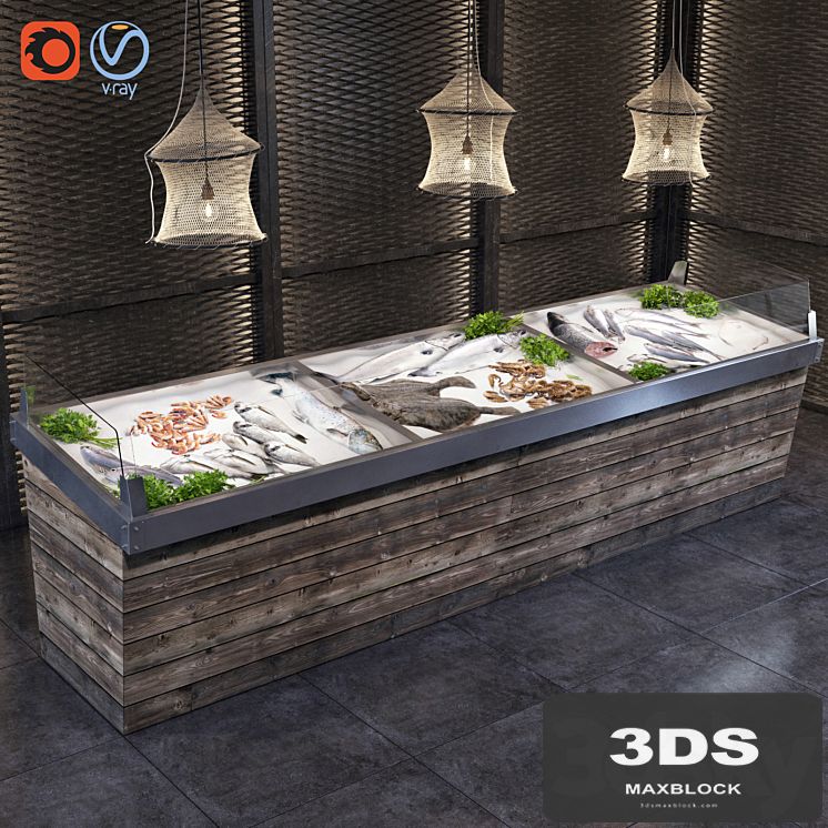 Showcase with fish and seafood