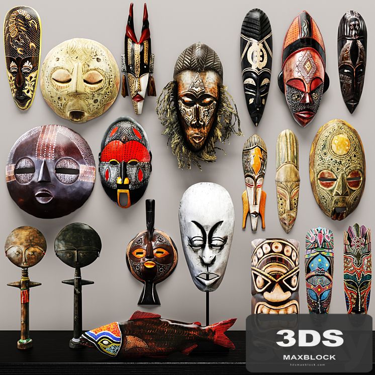 collection of masks and statuettes. 20 pieces, set, collection, mask, masks, eco design, African style, figurine, wall decor, wooden, ethnic