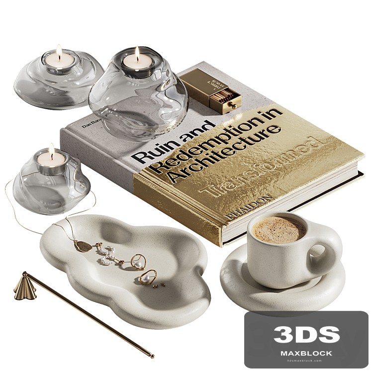 Decorative set with golden book, coffee and jewelry