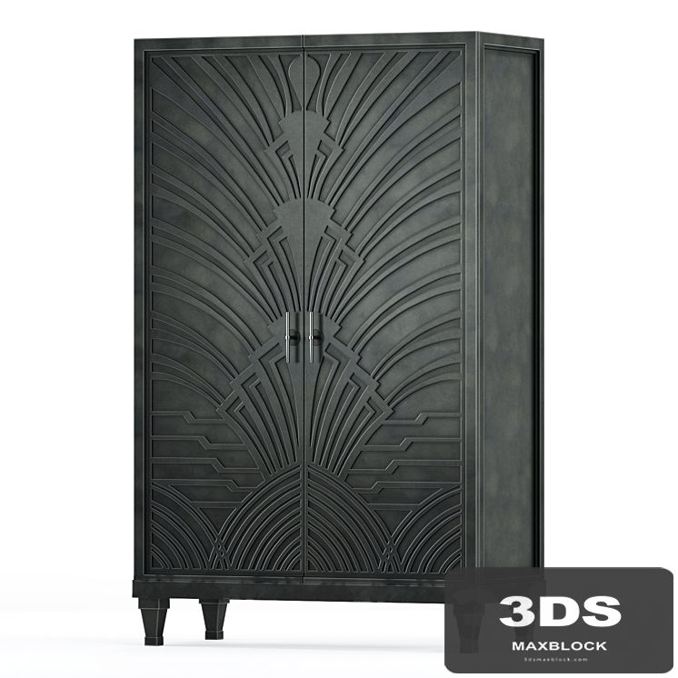 Miranda Hollywood Regency Art Deco Carved Wood Gunmetal Cabinet