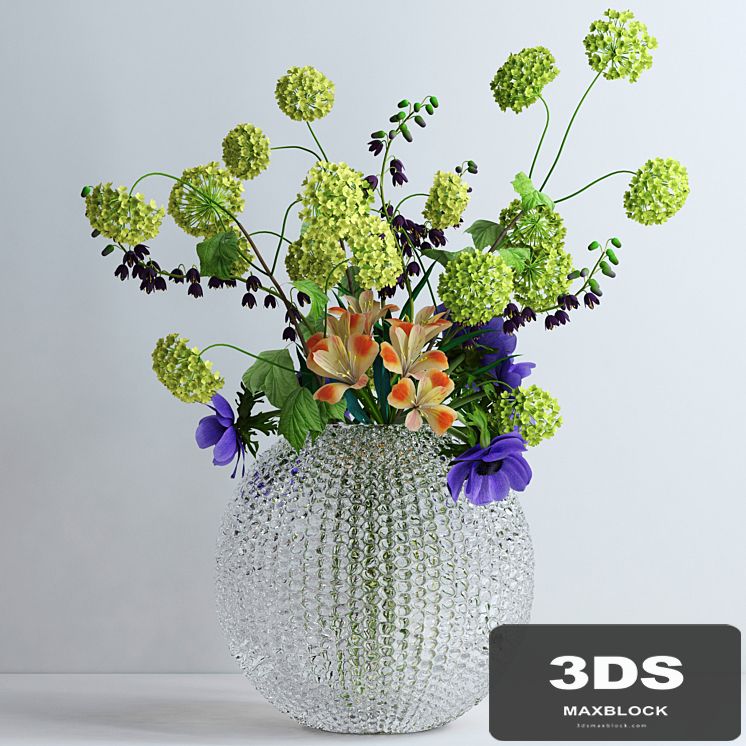 Viburnum, anemones, alstromeria and fritilaria persica