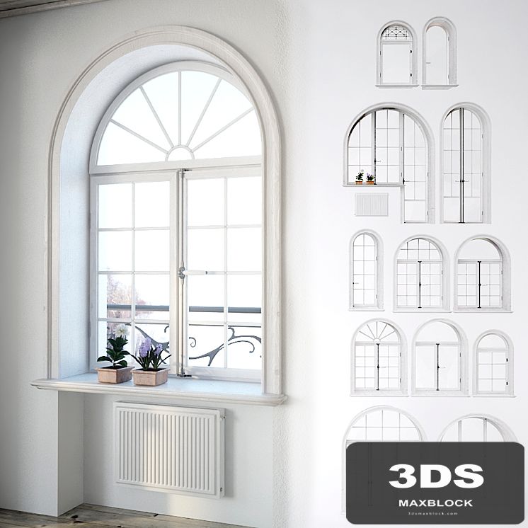 Set classical arched windows with decor