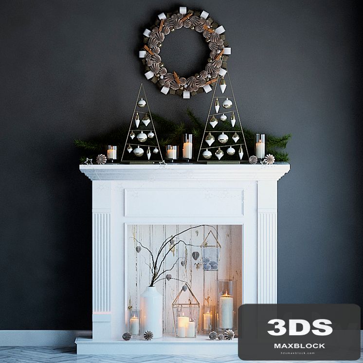 Artificial fireplace with candles and Christmas decorations