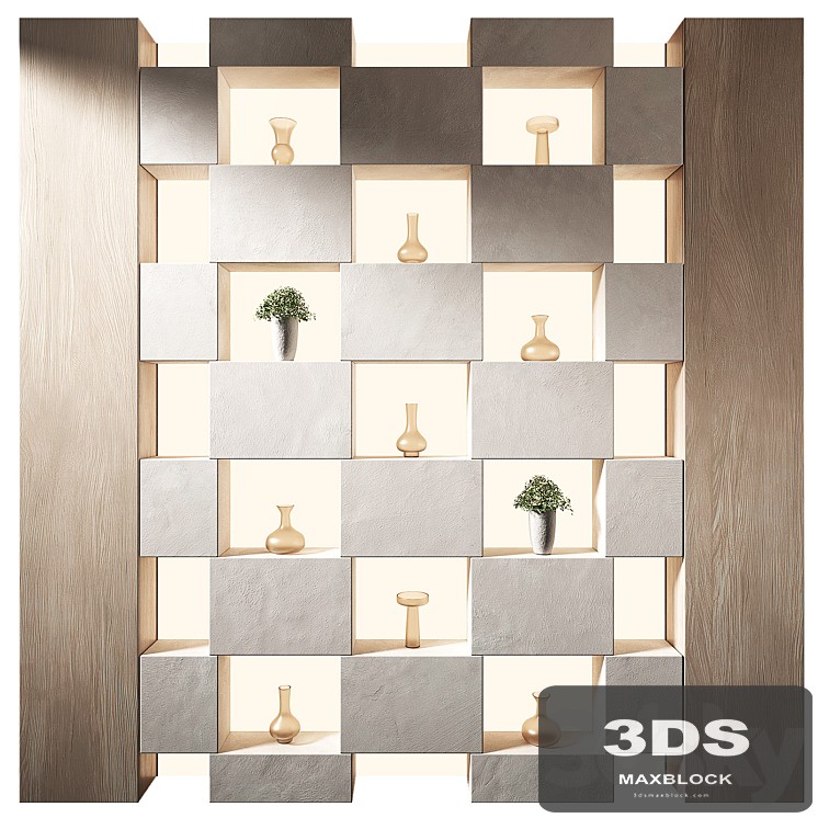 Shelf rack with decor 14. Solid lighting. Showcase for goods.