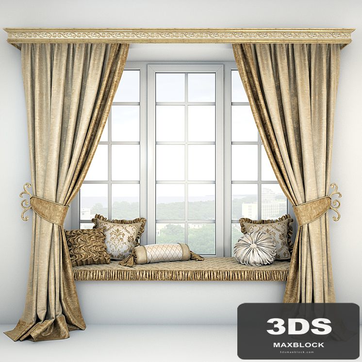 Soft quilted sill with cushions and curtains