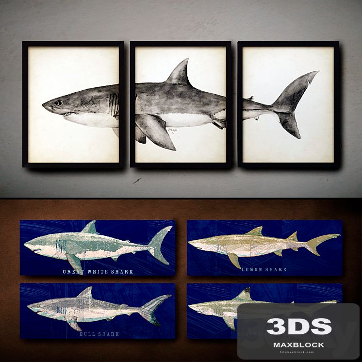 Wooden panels. 37. Collection of marine theme. Sharks