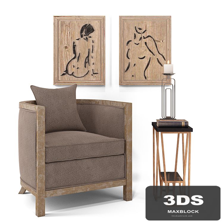 Uttermost_Viaggio Accent Chair, Agnes Accent Table, Cosme Candleholders S / 2, Silhouettes S / 2