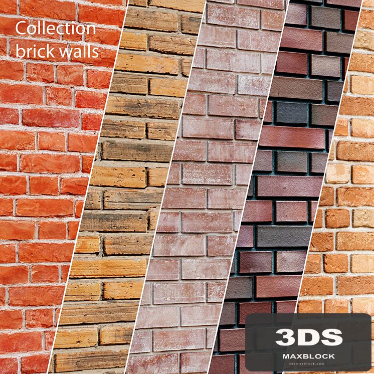 Collection of brick walls 5 pcs. Masonry, brick, loft, aged, set, collection, decorative, panel, wall