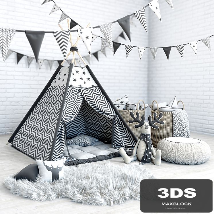 Wigwam with a mattress, pillows, fur skins, baskets, flags and deer