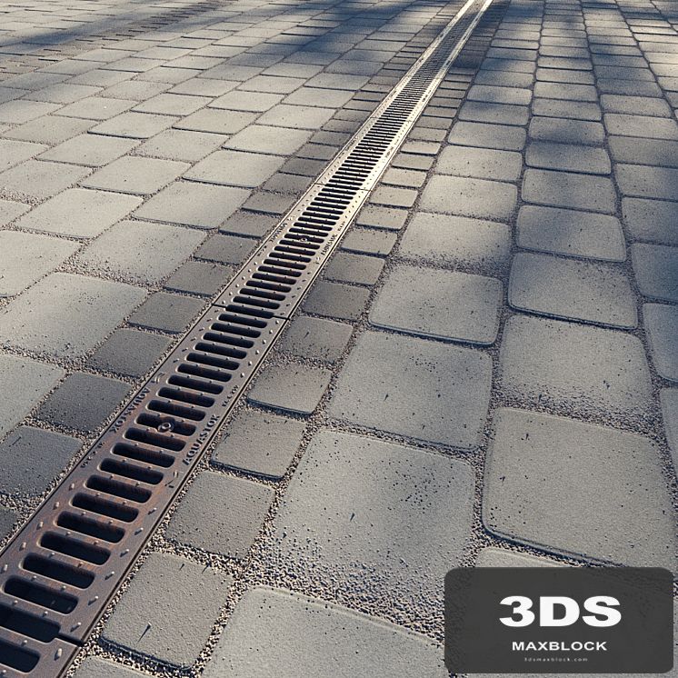 Paving slabs and storm grate