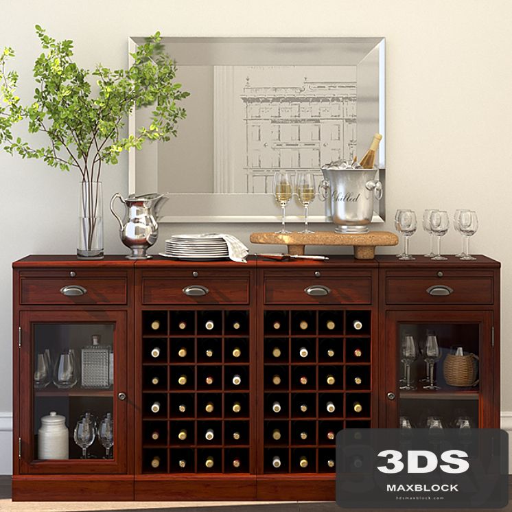 MODULAR BAR BUFFET WITH 2 WINE GRID BASES & 2 GLASS DOOR CABINETS + Decor set