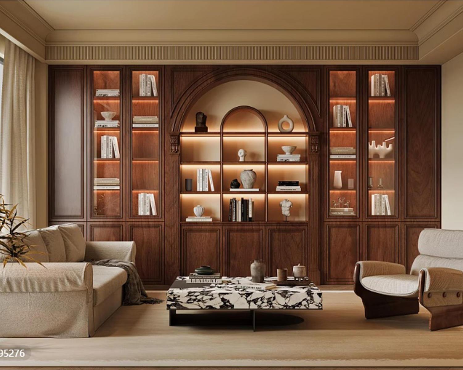 Luxury Modern Classic Living Room with Walnut Wood Built-in Bookshelf