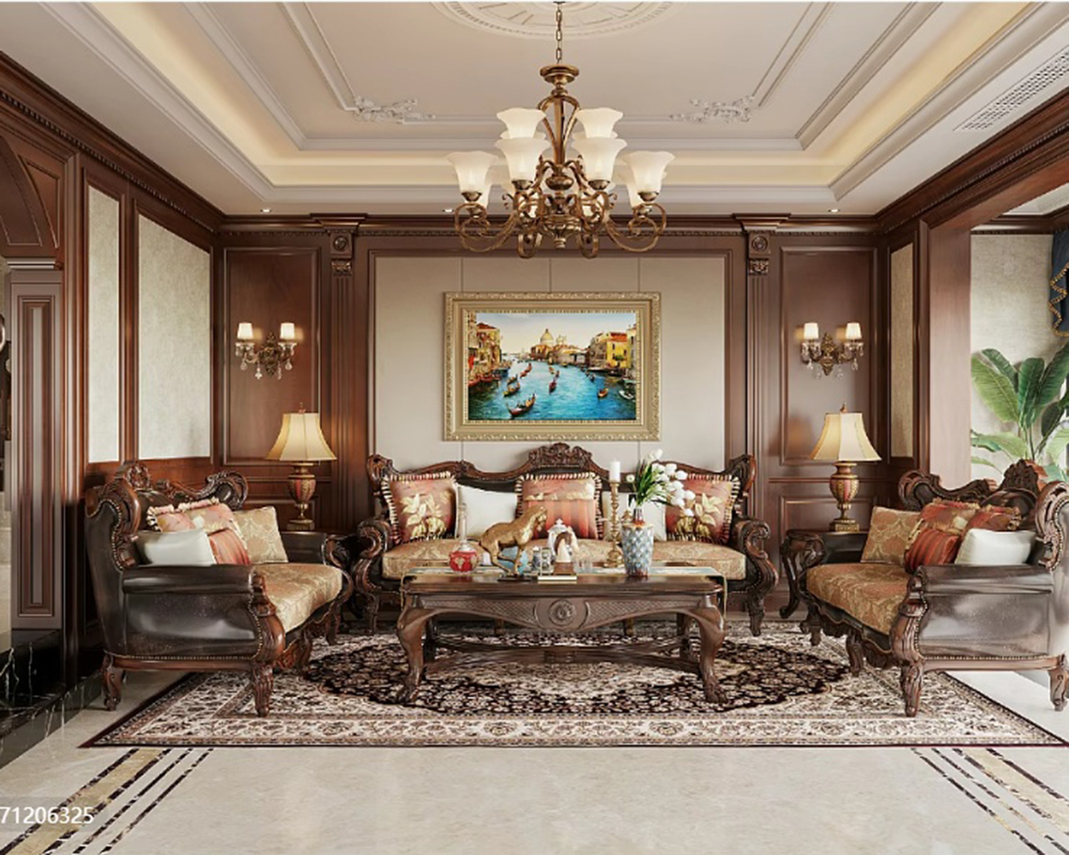 Classic American Luxury Living Room Interior – Elegant Wooden Furniture Design